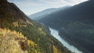 View of Fraser Valley from top of the mountain. Canadian Nature Landscape showing the river.